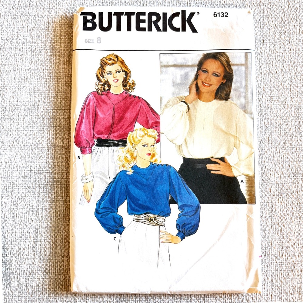 Butterick 6132 Romantic 80s Bishop Sleeve Blouse Sz 8 Dark Academia Office Siren